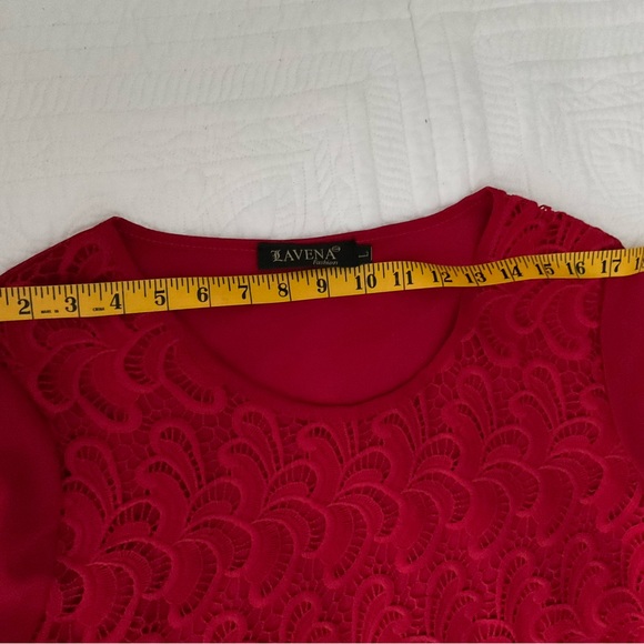LAVENA FASHION, RED LACE BLOUSE WITH SCALLOP FRIDGE HEM, SIZE: L - Picture 6 of 12